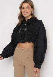 Czarna Bawełniana Koszula o Bufiastym Kroju z Kokardą w Stylu Retro Drulla. Czarne koszule Born2be, uniwersalny, bez wzorów, z bawełny, eleganckie, bez kołnierzyka, bez ramiączek. Za 169.99 zł.