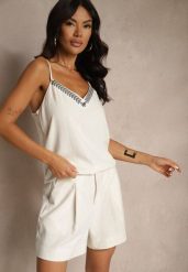 Beżowy Wiskozowy Top na Ramiączkach z Lnem Zdobiony Haftem Zireia. Brązowe topy Renee, m, z aplikacjami, z jeansu, eleganckie, bez kołnierzyka, bez ramiączek. W wyprzedaży za 55.99 zł.