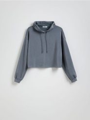 Krótka bluza z kapturem - ciemnoszary. Szare bluzy Reserved, l, bez wzorów, z dzianiny, bez ramiączek, z kapturem. Za 89.99 zł.