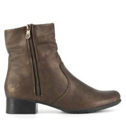 Botki Rieker. Brązowe botki Rieker, bez wzorów, bez obcasa, na płaskiej podeszwie, bez zapięcia. Za 319.00 zł.