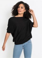 Sweter z dzianiny o gładkim splocie drobnych oczek. Czarne swetry bonprix, bez wzorów, z dzianiny, bez ramiączek. Za 79.99 zł.