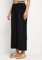 Czarne Spodnie o Szerokim Kroju z Wysokim Stanem z Dodatkowym Paskiem Zenavira. Czarne jeansy Born2be, bez wzorów, z jeansu, eleganckie, z podwyższonym stanem. Za 79.99 zł.