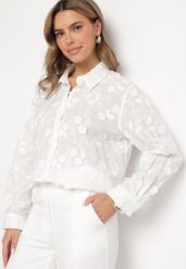 Biała Koszula z Bawełną i Kwiatowym Wzorem Edionilia. Białe koszule Born2be, l, bez wzorów, z bawełny, eleganckie, bez kołnierzyka, bez ramiączek. W wyprzedaży za 93.49 zł.