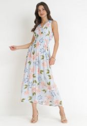 Jasnoniebieska Sukienka Maxi z Gumką w Pasie i Kopertowym Dekoltem w Kwiaty Shreya. Niebieskie sukienki Born2be, l, bez wzorów, bez kołnierzyka, bez ramiączek, maxi, kopertowe. Za 99.99 zł.