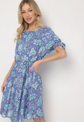 Niebieska Sukienka z Bawełny z Okrągłym Dekoltem i Wiązaniem w Pasie Tosaria. Niebieskie sukienki Born2be, na co dzień, l, bez wzorów, z bawełny, eleganckie, bez kołnierzyka, bez ramiączek, midi. Za 89.99 zł.