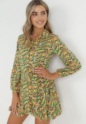 Zielono-Żółta Rozkloszowana Sukienka Mini z Kołnierzem Annett. Zielone sukienki Born2be, l, bez wzorów, z jeansu, eleganckie, bez kołnierzyka, bez ramiączek, mini, rozkloszowane. W wyprzedaży za 139.99 zł.
