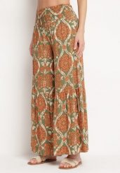Zielono-Pomarańczowe Szerokie Spodnie Wiskozowe z Wysokim Stanem w Ornamentalny Print Zlamelia. Zielone jeansy Born2be, l, bez wzorów, z jeansu, eleganckie, z podwyższonym stanem, długie. Za 69.99 zł.
