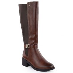 Kozaki damskie brązowe eVento 25KZ02-9430. Brązowe kozaki eVento, bez wzorów, ze skóry ekologicznej, bez obcasa, bez zapięcia. Za 229.99 zł.