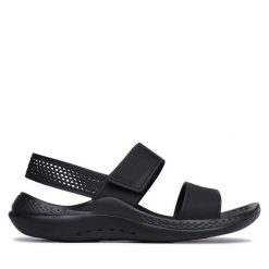 Sandały Crocs. Czarne sandały Crocs, bez wzorów, bez obcasa, na płaskiej podeszwie, bez zapięcia. Za 199.99 zł.