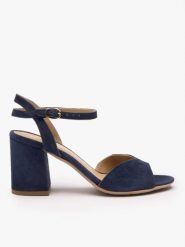 Granatowe sandały na słupku. Niebieskie sandały Ryłko, bez wzorów, ze skóry, z okrągłym noskiem, bez obcasa, na obcasie, bez zapięcia. Za 399.99 zł.