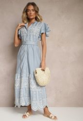 Niebieska Rozkloszowana Sukienka w Stylu Boho z Paskiem Zdobiona Haftem Falbanami Vallsara. Niebieskie sukienki Renee, na co dzień, z aplikacjami, boho, bez kołnierzyka, bez ramiączek, maxi, kopertowe. W wyprzedaży za 151.99 zł.