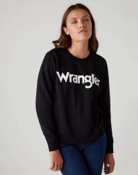 WRANGLER CREW SWEAT DAMSKA BLUZA LOGO BLACK W6Z1HY100 112130855. Czarne bluzy Wrangler, s, bez wzorów, bez ramiączek, bez kaptura. W wyprzedaży za 29.99 zł.