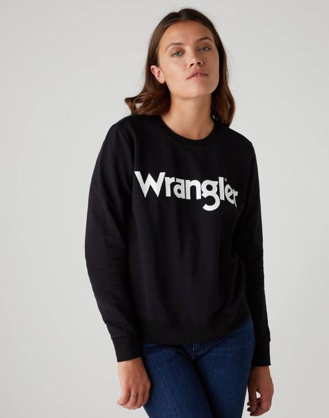 WRANGLER CREW SWEAT DAMSKA BLUZA LOGO BLACK W6Z1HY100 112130855. Czarne bluzy Wrangler, s, bez wzorów, bez ramiączek, bez kaptura. W wyprzedaży za 29.99 zł.