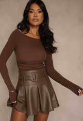 Brązowa Marszczona Bluzka z Wiskozą Fizzasa. Brązowe bluzki Renee, l, bez wzorów, z jeansu, eleganckie, bez kołnierzyka, bez ramiączek. Za 59.99 zł.