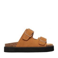 Klapki DeeZee. Brązowe klapki DeeZee, bez wzorów, bez obcasa, bez zapięcia. Za 129.99 zł.