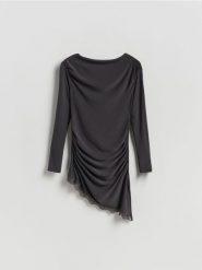 Asymetryczna bluzka - ciemnoszary. Szare bluzki Reserved, l, bez wzorów, z dzianiny, z asymetrycznym kołnierzem, bez ramiączek. Za 99.99 zł.