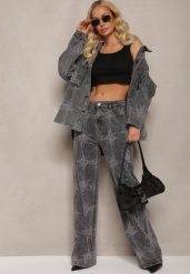 Ciemnoszare Jeansy z Bawełny High Waist Szerokie w Abstrakcyjny Wzór Orithiia. Szare jeansy Renee, l, bez wzorów, z bawełny, z podwyższonym stanem. W wyprzedaży za 119.99 zł.