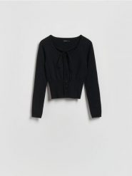 Sweter z wiązaniem - czarny. Czarne swetry Reserved, l, bez wzorów, z dzianiny, bez ramiączek. Za 99.99 zł.