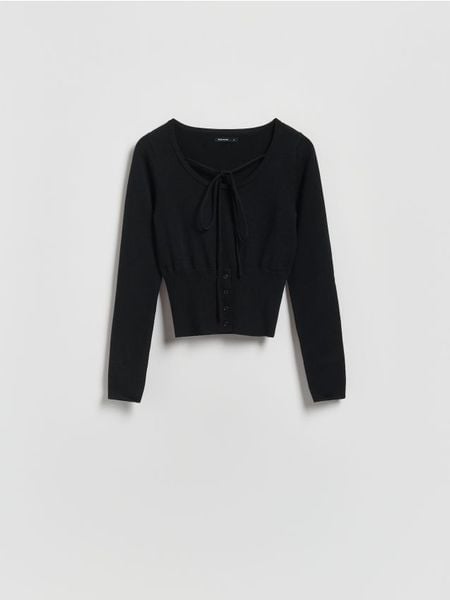 Sweter z wiązaniem - czarny. Czarne swetry Reserved, l, bez wzorów, z dzianiny, bez ramiączek. Za 99.99 zł.