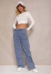 Niebieskie Jeansy High Waist z Szeroką Nogawką i Gumką w Talii Norvila. Niebieskie jeansy Renee, z aplikacjami, z gumy, eleganckie, z podwyższonym stanem. W wyprzedaży za 111.99 zł.