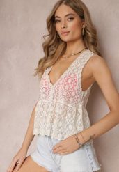 Beżowa Rozkloszowana Bluzka Top z Koronkowej Tkaniny Kambra. Brązowe topy Renee, bez wzorów, z jeansu, bez kołnierzyka, bez ramiączek. W wyprzedaży za 75.99 zł.