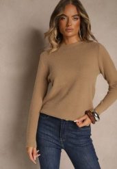 Ciemnobeżowy Sweter z Wełną ze Ściągaczami Furrive. Brązowe swetry Renee, bez wzorów, z jeansu, casualowe, bez ramiączek. Za 59.99 zł.