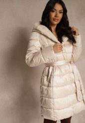 Beżowa Pikowana Kurtka z Nieodpinanym Kapturem o Długim Kroju z Paskiem Lidassea. Brązowe kurtki Renee, l, bez wzorów, z jeansu. Za 359.99 zł.