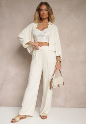 Beżowe Spodnie z Lnem i Bawełną o Szerokim Kroju High Waist Sallieta. Brązowe jeansy Renee, bez wzorów, z bawełny, z podwyższonym stanem. W wyprzedaży za 67.99 zł.