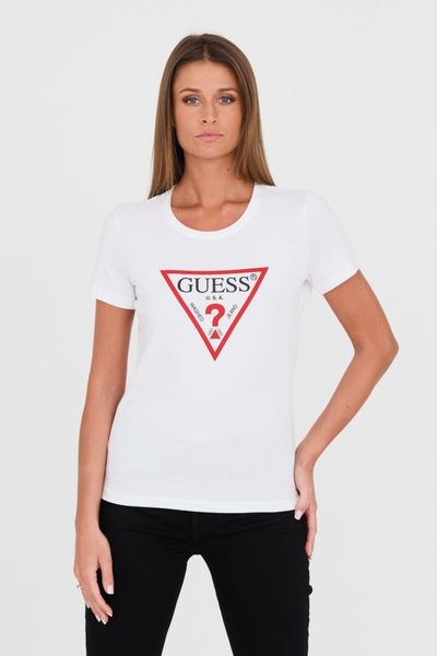 GUESS Biały damski t-shirt bawełniany Original Tee, Rozmiar S. Białe t-shirty Guess, s, z aplikacjami, z bawełny, bez kołnierzyka, bez ramiączek. W wyprzedaży za 79.99 zł.