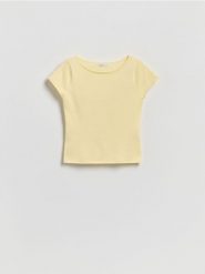 Dzianinowa bluzka - jasnożółty. Żółte bluzki Reserved, l, bez wzorów, z dzianiny, bez kołnierzyka, bez ramiączek. Za 79.99 zł.