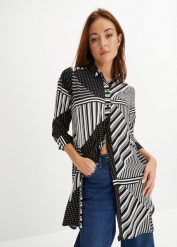 Długa bluzka. Czarne bluzki bonprix, bez wzorów, eleganckie, bez kołnierzyka, bez ramiączek. Za 54.99 zł.