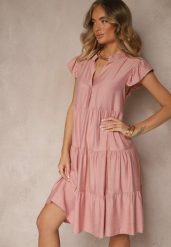 Ciemnoróżowa Rozkloszowana Sukienka z Dekoltem w Kształcie Litery V Mevamara. Czerwone sukienki Renee, na co dzień, xl, z aplikacjami, z jeansu, eleganckie, bez kołnierzyka, bez ramiączek, midi, kopertowe. W wyprzedaży za 52.49 zł.