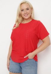 Czerwony T-shirt Koszulka z Krótkim Rękawem o Ażurowym Wykończeniu Meaara. Czerwone t-shirty Born2be, plus size, w ażurowe wzory, biznesowe, bez kołnierzyka, bez ramiączek. Za 44.99 zł.