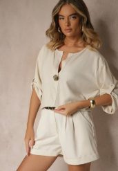 Jasnobeżowa Bluzka Oversize z Lnem i Wiskozą z Ozdobną Aplikacją Miliria. Brązowe bluzki Renee, z aplikacjami, z jeansu, eleganckie, bez kołnierzyka, bez ramiączek. W wyprzedaży za 59.99 zł.