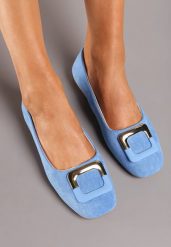 Jasnoniebieskie Casualowe Balerinki na Płaskiej Podeszwie z Metaliczną Aplikacją Chrissti. Niebieskie baleriny Renee, z aplikacjami, z jeansu, klasyczne, z okrągłym noskiem, bez obcasa, na płaskiej podeszwie, bez zapięcia. Za 49.99 zł.