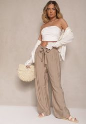 Ciemnobeżowe Spodnie z Wiskozy o Szerokim Kroju z Kokardą Ellioria. Brązowe jeansy Renee, l, bez wzorów, z jeansu, eleganckie. W wyprzedaży za 39.99 zł.