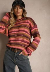 Różowo-Brązowy Sweter Ozdobiony Poziomymi Paskami Atorila. Czerwone swetry Renee, na zimę, m, bez wzorów, casualowe, bez ramiączek. W wyprzedaży za 103.99 zł.