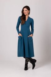 Rozkloszowana Sukienka z Kieszeniami - Morska. Zielone sukienki MOE, l, bez wzorów, z bawełny, bez kołnierzyka, bez ramiączek, rozkloszowane. Za 344.90 zł.