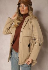 Ciemnobeżowa Kurtka Typu Parka z Troczkami w Talii Kapturem i Kieszeniami Kaivara. Brązowe kurtki Renee, l, bez wzorów, z materiału. W wyprzedaży za 279.99 zł.