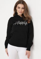 Czarna Bluza z Kapturem Napisem i Kangurkową Kieszenią Adrippa. Czarne bluzy Born2be, l, bez wzorów, casualowe, bez ramiączek, z kapturem. W wyprzedaży za 72.24 zł.