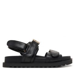 Sandały Guess. Czarne sandały Guess, z aplikacjami, bez obcasa, na płaskiej podeszwie, bez zapięcia. Za 479.99 zł.