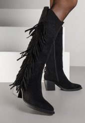 Czarne Kozaki Kowbojki na Stożku Zdobione Frędzlami Nucca. Czarne kozaki Renee, z aplikacjami, z zamszu, boho, bez obcasa, na obcasie, bez zapięcia. Za 189.99 zł.