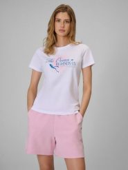 4F T-shirt regular z nadrukiem damski - biały L. Białe t-shirty 4f, l, bez wzorów, z bawełny, biznesowe, bez kołnierzyka, bez ramiączek. W wyprzedaży za 39.99 zł.