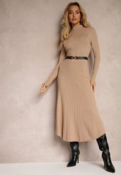 Ciemnobeżowa Dzianinowa Sukienka z Eleganckim Paskiem i Dodatkiem Wełny Nirillia. Brązowe sukienki Renee, na co dzień, m, z aplikacjami, z dzianiny, eleganckie, bez kołnierzyka, bez ramiączek, maxi, dopasowane. W wyprzedaży za 135.99 zł.