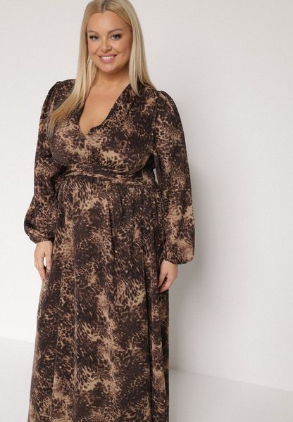 Brązowa Rozkloszowana Sukienka w Cętki Reinafa. Brązowe sukienki Born2be, na co dzień, plus size, bez wzorów, wizytowe, bez kołnierzyka, plus size, bez ramiączek, rozkloszowane. Za 169.99 zł.