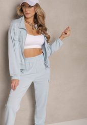 Jasnoniebieski Komplet Dresowy w Stylu Cargo Bluza i Spodnie Korirana. Niebieskie bluzy Renee, m, z aplikacjami, z dresówki, bez kaptura. W wyprzedaży za 67.99 zł.