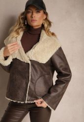 Brązowa Pudełkowa Kurtka Biker z Szerokim Kołnierzem i Futrzaną Wyściółką Lioiala. Brązowe kurtki Renee, l, bez wzorów, z futra, eleganckie, bez kaptura. Za 269.99 zł.