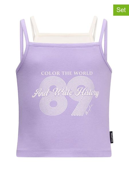 Retour Topy (2 szt.) w kolorze fioletowo-kremowym rozmiar: 146/152. Brązowe topy Retour, bez wzorów, bez kołnierzyka, bez ramiączek. Za 57.20 zł.