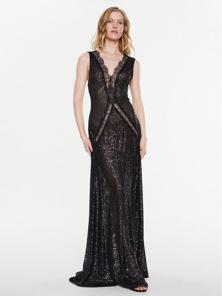 Elisabetta Franchi Sukienka wieczorowa AB-366-32E2-V740 Czarny Regular Fit. Czarne sukienki Elisabetta Franchi, bez wzorów, z syntetyku, wizytowe, bez kołnierzyka, bez ramiączek. Za 2,849.00 zł.