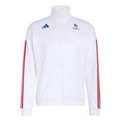 Kurtka dresowa damska Francja 2026/27. Białe kurtki adidas, bez wzorów, z dresówki, sportowe, bez kaptura. Za 374.50 zł.